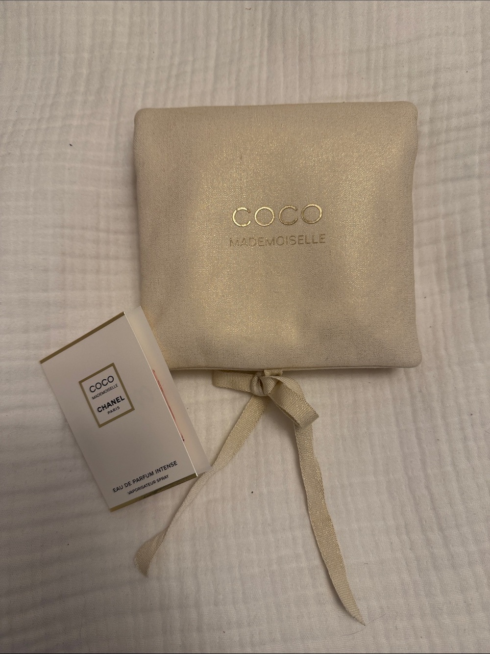 CHANEL beige shimmer COCO Mademoiselle pouch with gold logo